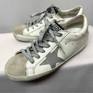 Golden Goose Silver Glitter Star Logo Low Top Womens 7 / 37 Glitter Bow  Heel